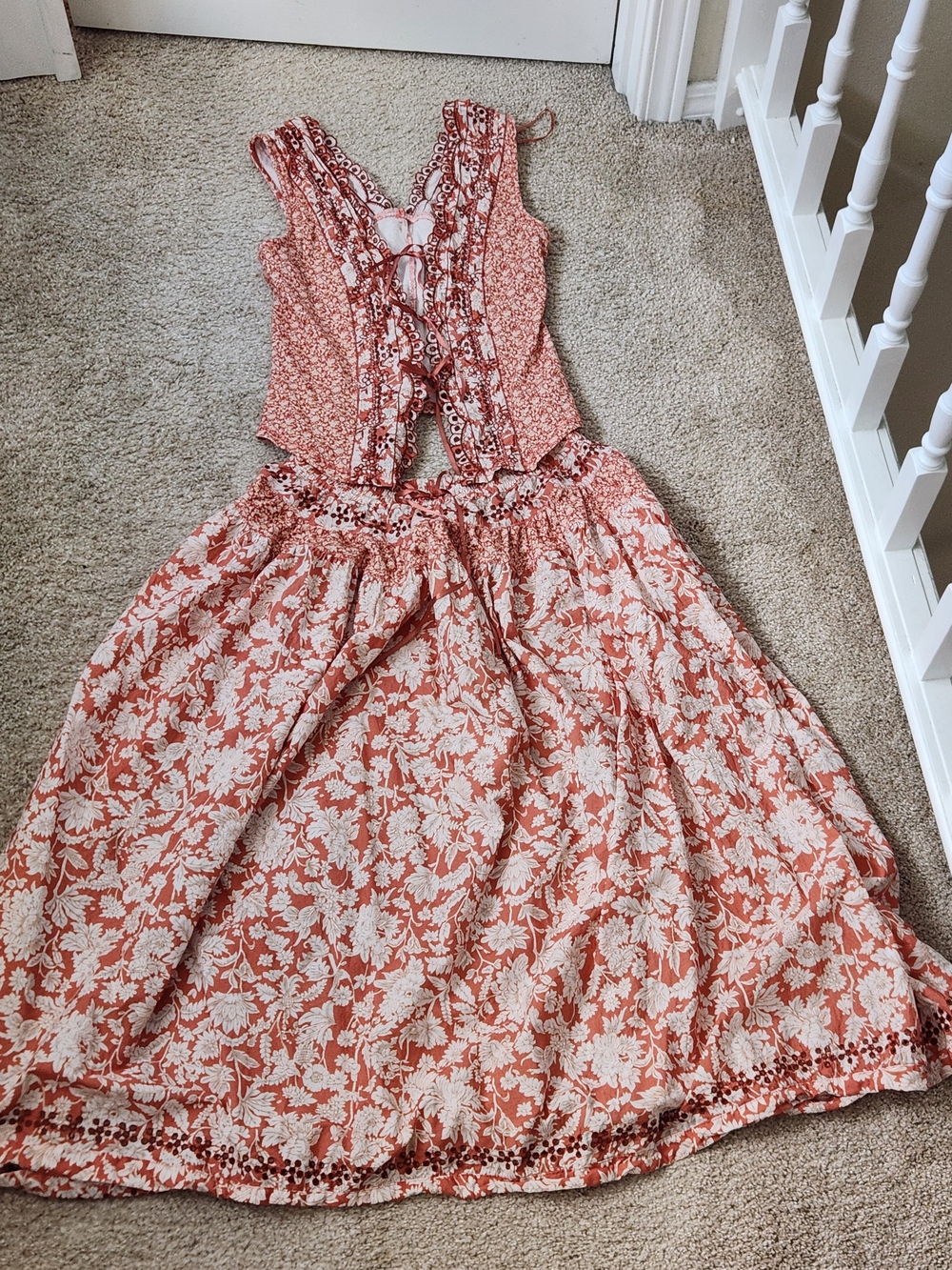 Free People Pink and Cream Lace-Up Floral Two-piece With Maxi Skirt